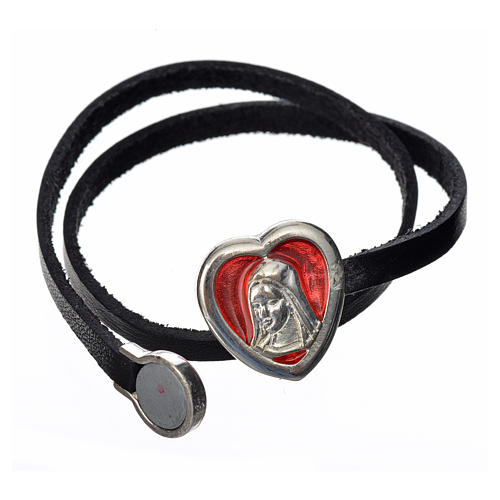 STOCK Bracelet in black leather with Virgin Mary pendant red enamel 2