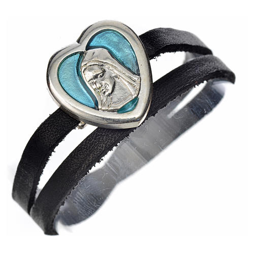 STOCK Bracelet cuir noir image Vierge Marie émail bleu clair 1