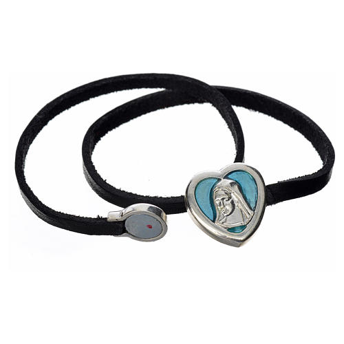 STOCK Bracelet in black leather with Virgin Mary pendant blue enamel 2