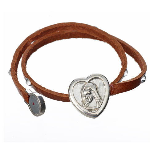 STOCK Bracelet with strass in tan leather with Virgin Mary pendant 2