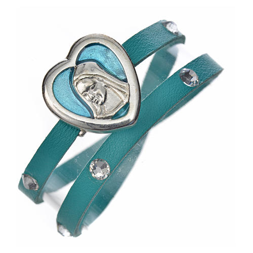 STOCK Bracelet cuir bleu clair et strass image Vierge Marie 1