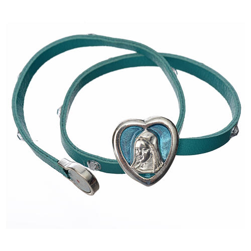 STOCK Bracelet cuir bleu clair et strass image Vierge Marie 2