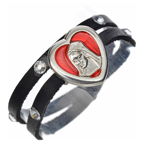 STOCK Bracelet black leather, strass Virgin Mary pendant red enamel 1