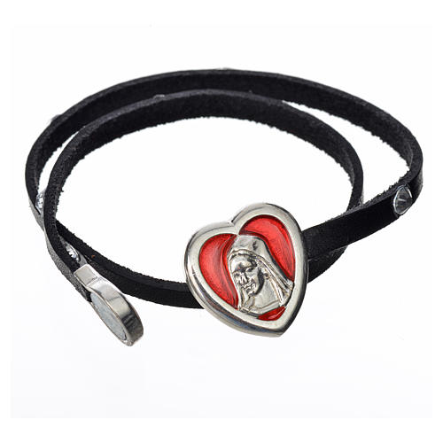 STOCK Bracelet black leather, strass Virgin Mary pendant red enamel 2