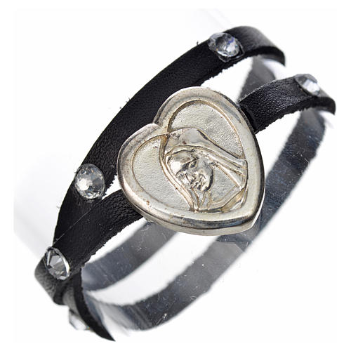 STOCK Bracelet with strass, black leather, Virgin Mary pendant 1