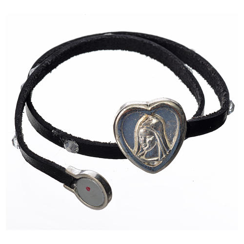 STOCK Bracelet with strass, black leather, Virgin Mary pendant 2
