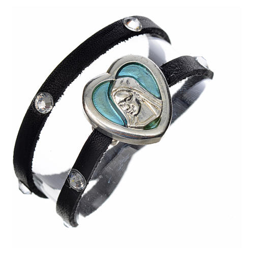 STOCK Armband schwarzen Leder mit strass und hellblauen Schild 1