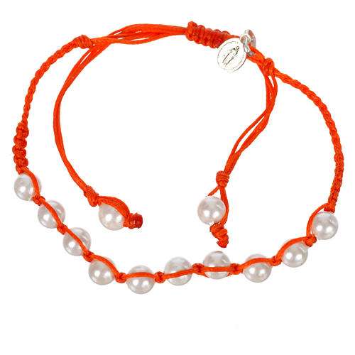 Armband Weiße Perle Wundermedaille Silber 925 orangefarbene Schnur 1