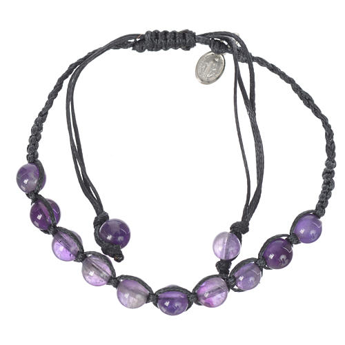 Bracelet in amethyst with Medal in silver and blue cord 1