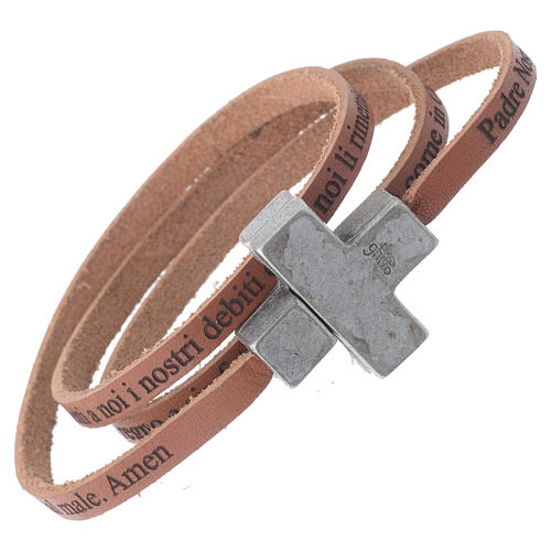 STOCK Leather bracelet with cross Our Father for men brown 1