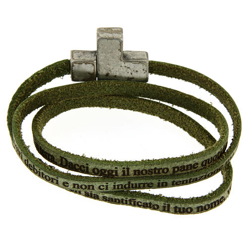 STOCK Leather bracelet with cross Our Father for men green 2