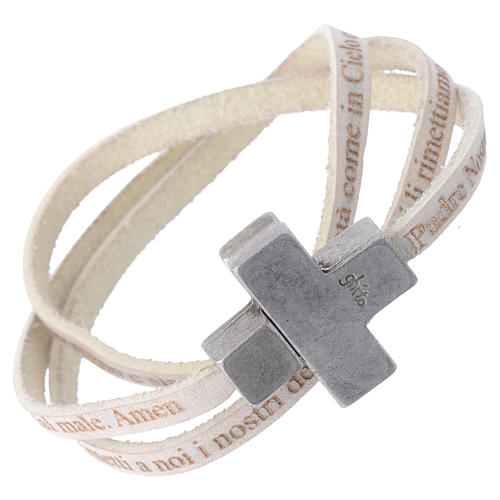 STOCK Leather bracelet with cross Our Father for men white 1