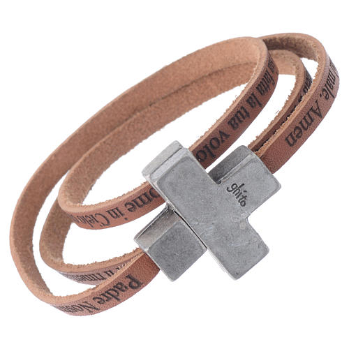 STOCK Leather bracelet with cross Our Father for women brown 1