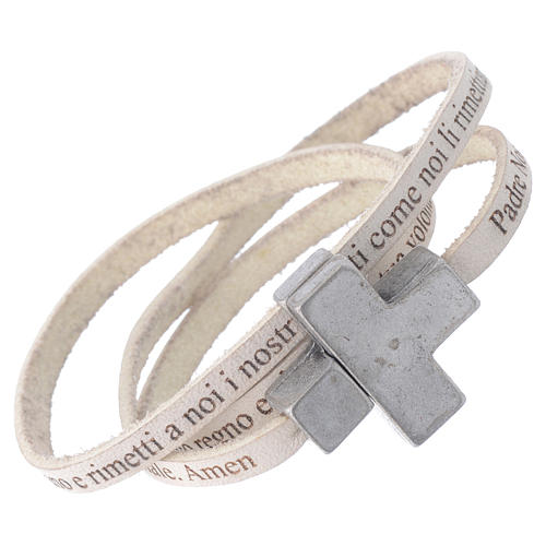 STOCK Bracelet cuir croix Notre Père Femme blanc ITA 1