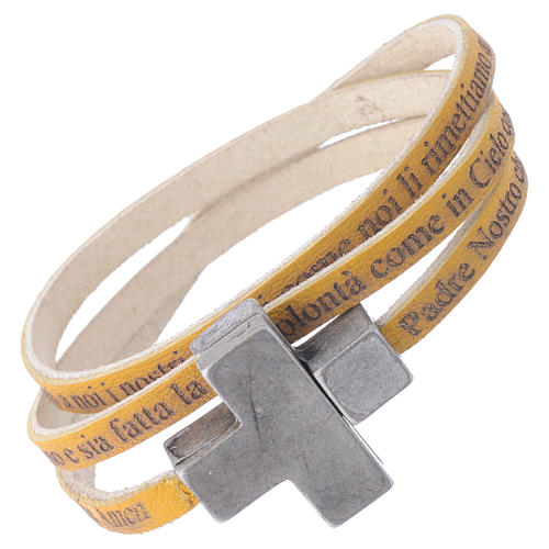 STOCK Leather bracelet with cross Our Father for women yellow 1