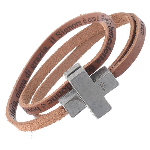 STOCK Leather bracelet with cross Hail Mary for men brown 1