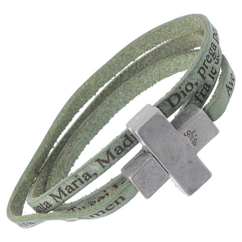 STOCK Leather bracelet with cross Hail Mary for men green 1