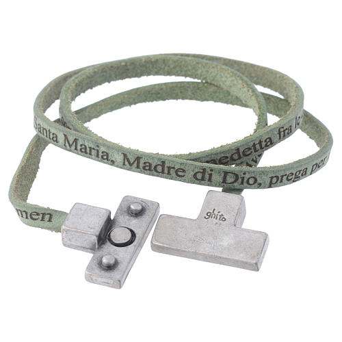 STOCK Leather bracelet with cross Hail Mary for men green 2