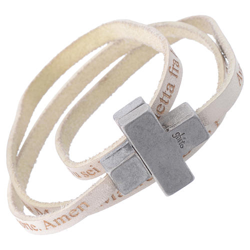STOCK Leather bracelet with cross Hail Mary for men white 1