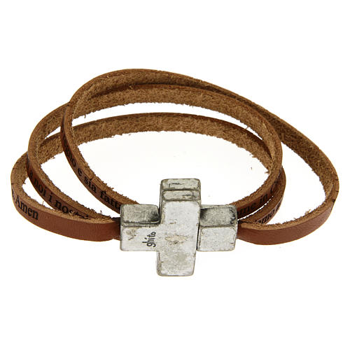 STOCK Leather bracelet with cross Hail Mary for women brown 1