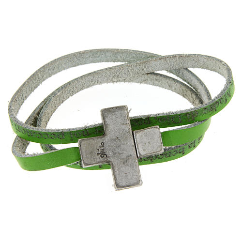 STOCK Leather bracelet with cross Hail Mary for women green 1