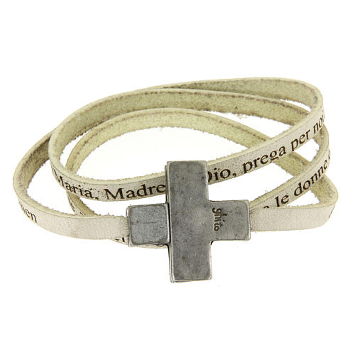 STOCK Weißes Damenarmband aus Leder mit Kreuz und Ave Maria-Gebet 1