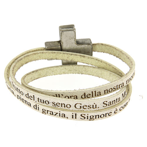 STOCK Leather bracelet with cross Hail Mary for women white 2