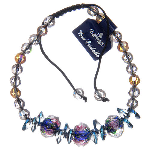 Pulsera con cuerda con granos de Cristal con rosas azules 2