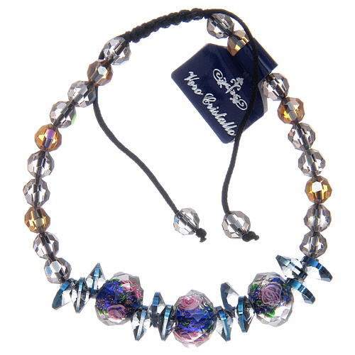 Bracelet with cord, crystal grains and blue roses 2