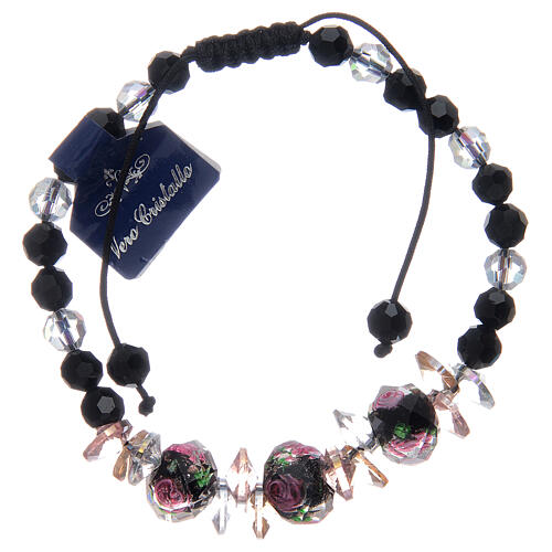 Armband mit schwarzer Kordel mit Kristallperlen mit Rosen 1