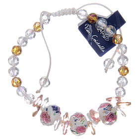 Bracelet corde avec grains en cristal avec roses blanc