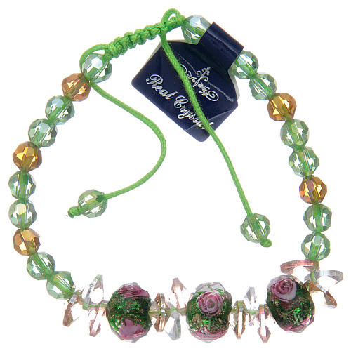 Bracelet with green cord, crystal grains and roses 2