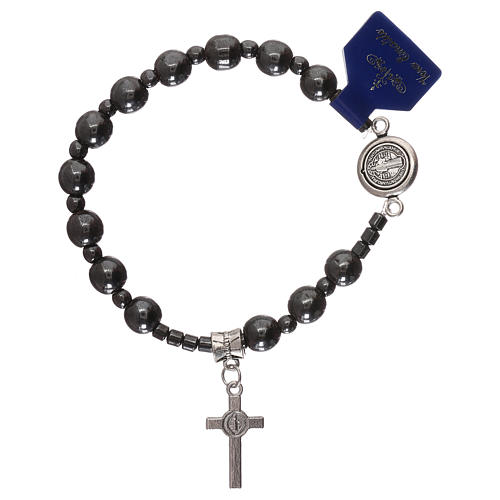 Rosary elastic bracelet with hematite grains and Saint Benedict 2