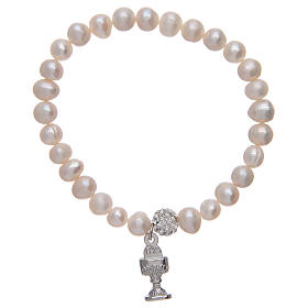 Pulsera rosario con granos de perla y colgante de cáliz