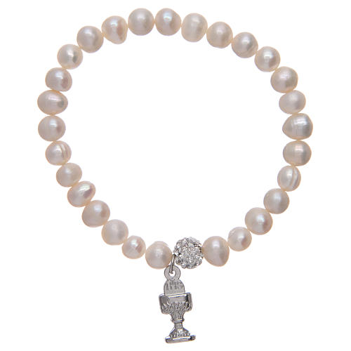 Pulsera rosario con granos de perla y colgante de cáliz 1
