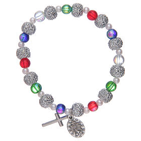 Elastic bracelet with multicoloured glass grains and strass