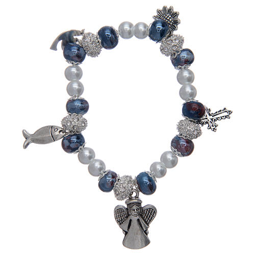 Elastisches Armband mit blauen verzierten Perlen und Anhängern mit christlichen Symbolen 1