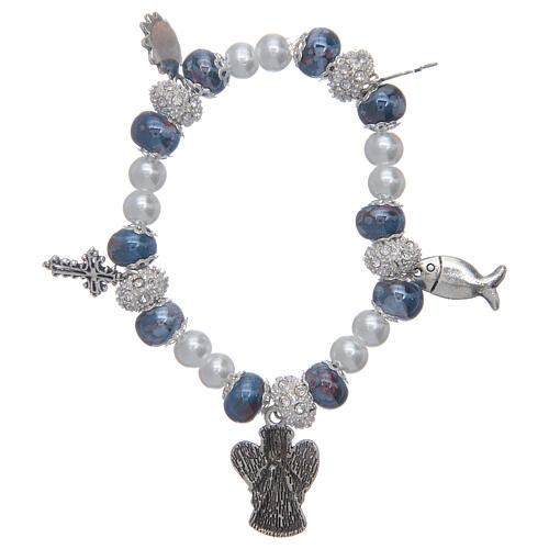 Elastisches Armband mit blauen verzierten Perlen und Anhängern mit christlichen Symbolen 2