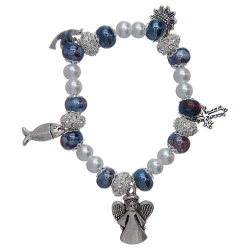 Bracelet élastique avec grains décorés bleus et breloques symboles chrétiens 1