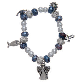 Bracciale elastico con grani decorati blu con ciondoli simboli cristiani
