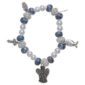 Bracciale elastico con grani decorati blu con ciondoli simboli cristiani