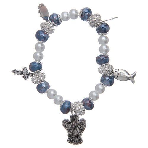 Bracciale elastico con grani decorati blu con ciondoli simboli cristiani 2