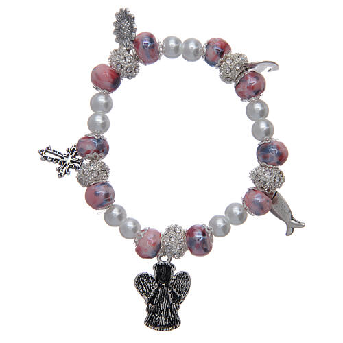 Elastisches Armband mit rosa verzierten Perlen und Anhängern mit christlichen Symbolen 2