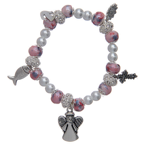 Elastic bracelet with grains decorated in pink and pendants with Christian symbols 1