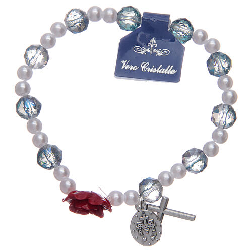 Elastisches Armband mit hellblauen Perlen und Pater in Form einer Rose 2