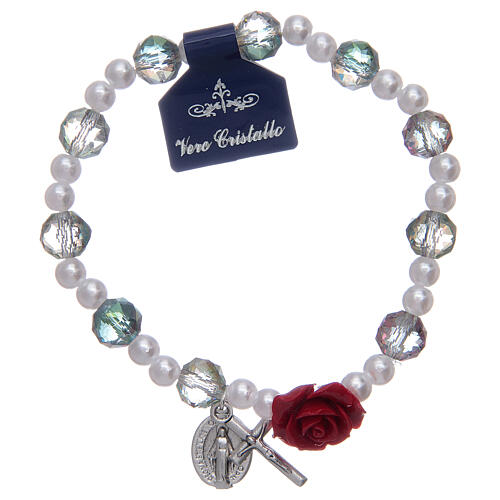 Elastisches Armband mit grauen Perlen und Pater in Form einer Rose 1