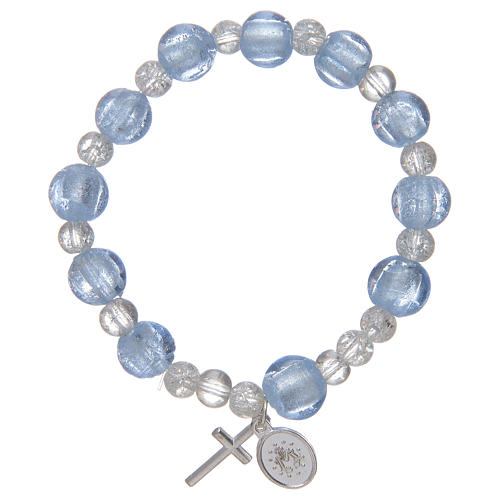 Pulsera rosario azul con granos de vidrio con hoja plata 2