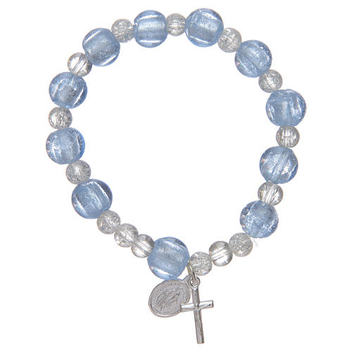 Bracelet chapelet bleu clair avec grains en verre et feuille argent 1