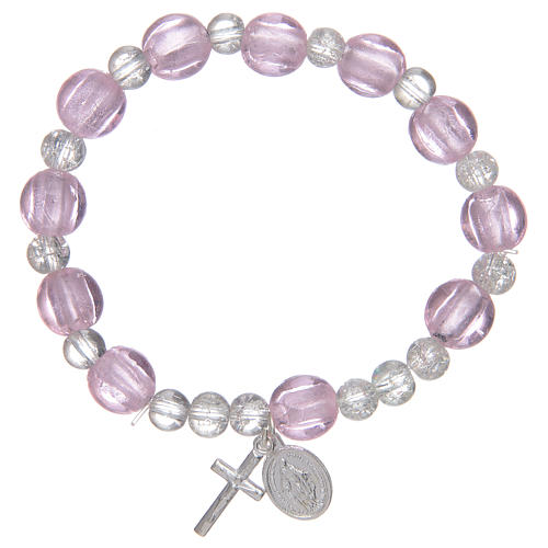 Bracciale rosario di colore rosa con grani in vetro con foglia argento 1