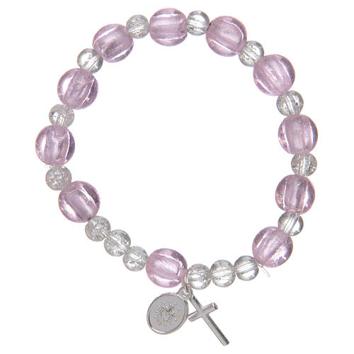 Bracciale rosario di colore rosa con grani in vetro con foglia argento 2